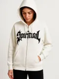 Kadın Kapüşonlu 3 İplik Şardonlu Önü Baskılı Fermuarlı Oversize Sweatshirt - Beyaz