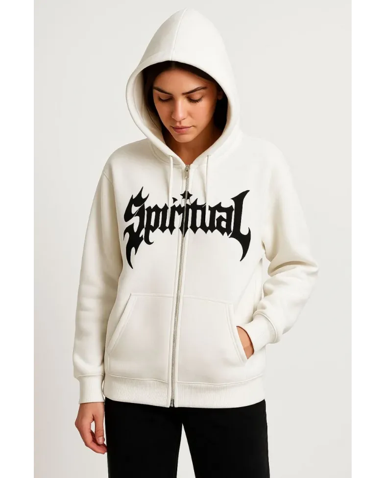 Kadın Kapüşonlu 3 İplik Şardonlu Önü Baskılı Fermuarlı Oversize Sweatshirt - Beyaz