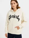 Kadın Kapüşonlu 3 İplik Şardonlu Önü Baskılı Fermuarlı Oversize Sweatshirt - Beyaz