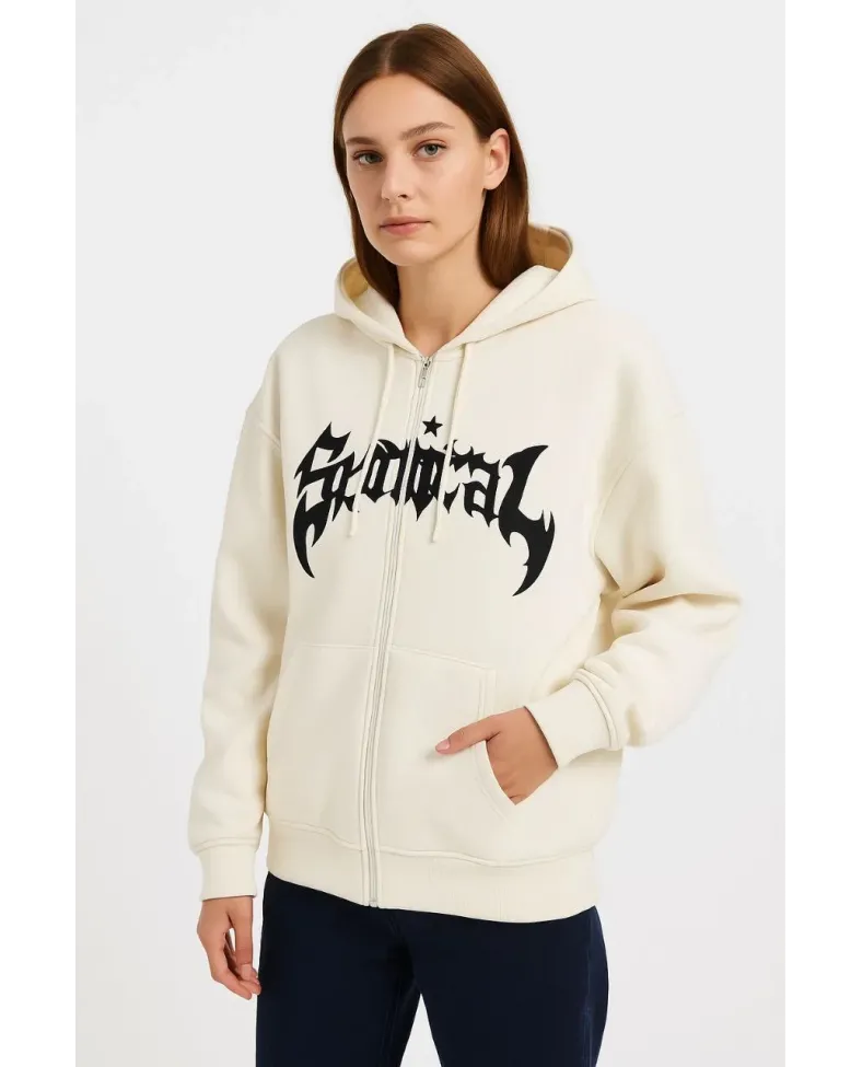 Kadın Kapüşonlu 3 İplik Şardonlu Önü Baskılı Fermuarlı Oversize Sweatshirt - Beyaz