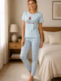 Kadın Pamuklu Penye Baskılı Kısa Kollu Bisiklet Yaka Ekose Desenli Pijama Takımı - Mavi