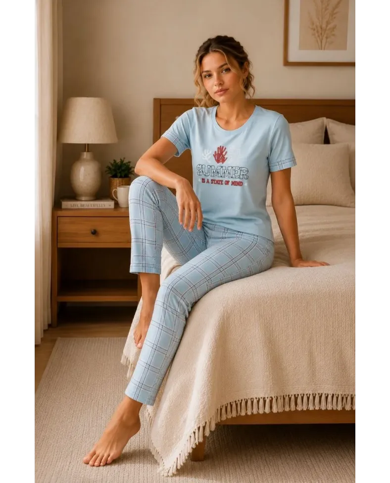 Kadın Pamuklu Penye Baskılı Kısa Kollu Bisiklet Yaka Ekose Desenli Pijama Takımı - Mavi
