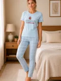 Kadın Pamuklu Penye Baskılı Kısa Kollu Bisiklet Yaka Ekose Desenli Pijama Takımı - Mavi