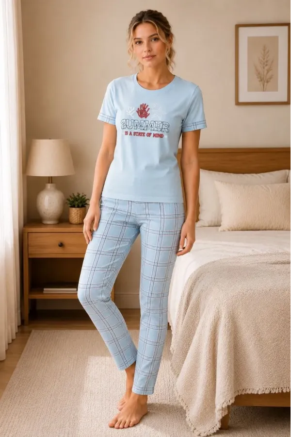 Kadın Pamuklu Penye Baskılı Kısa Kollu Bisiklet Yaka Ekose Desenli Pijama Takımı - Mavi