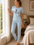Kadın Pamuklu Penye Baskılı Kısa Kollu Bisiklet Yaka Ekose Desenli Pijama Takımı - Mavi