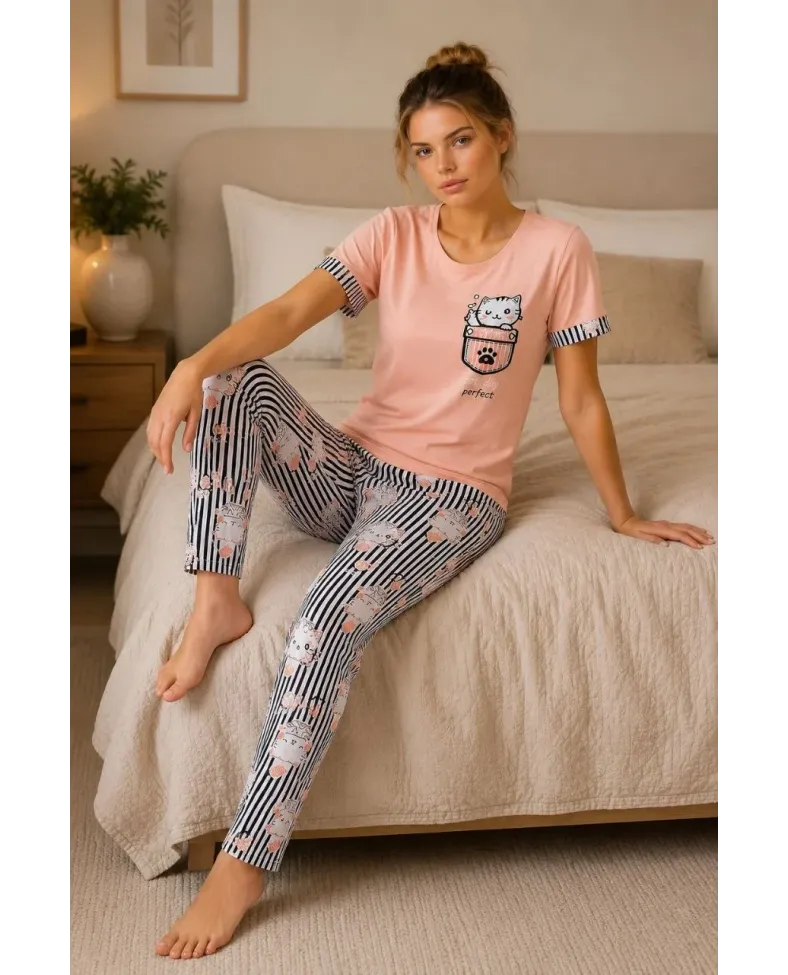 Kadın Pamuklu Penye Kedi Baskılı Kısa Kollu Bisiklet Yaka Çizgili Pijama Takımı - Pudra