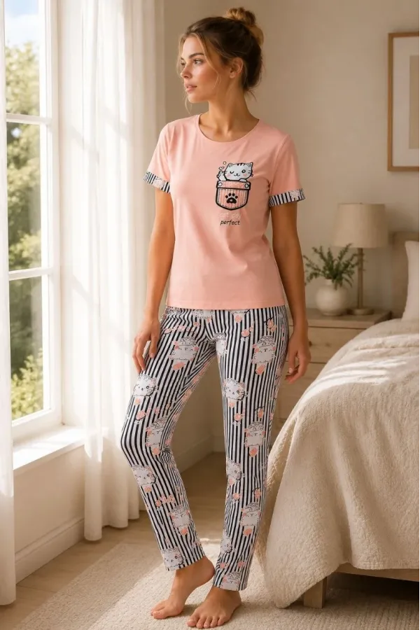 Kadın Pamuklu Penye Kedi Baskılı Kısa Kollu Bisiklet Yaka Çizgili Pijama Takımı - Pudra