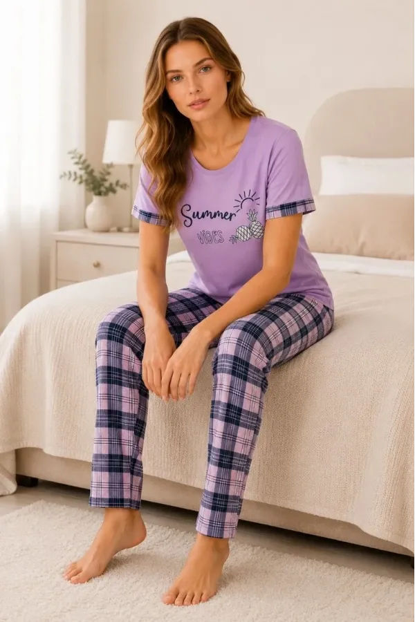 Kadın Pamuklu Penye Summer Baskılı Kısa Kollu Pijama Takımı Bisiklet Yaka Ekose Desenli - Lila