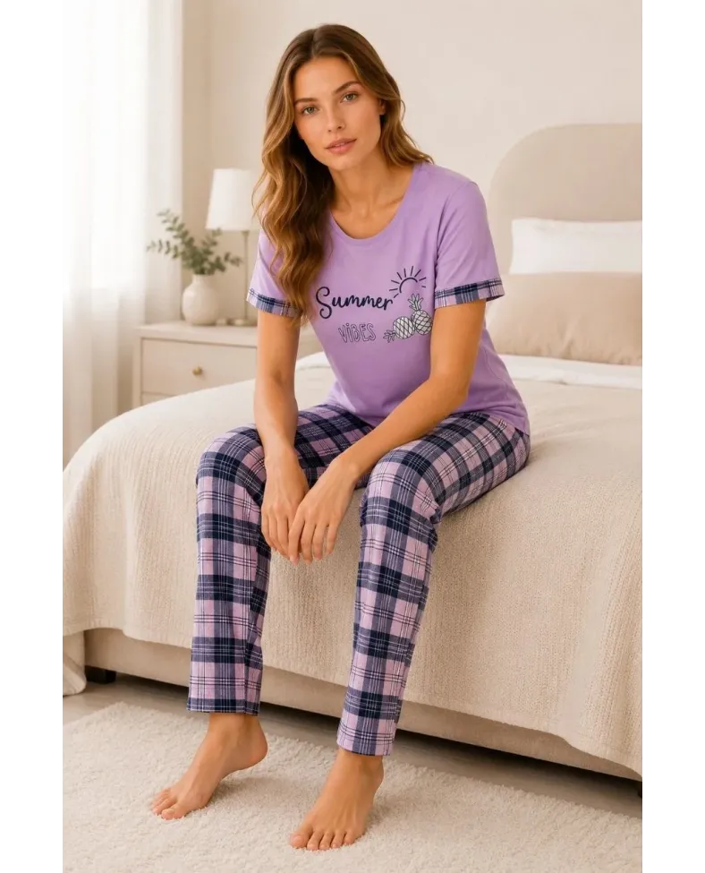 Kadın Pamuklu Penye Summer Baskılı Kısa Kollu Pijama Takımı Bisiklet Yaka Ekose Desenli - Lila