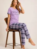 Kadın Pamuklu Penye Summer Baskılı Kısa Kollu Pijama Takımı Bisiklet Yaka Ekose Desenli - Lila