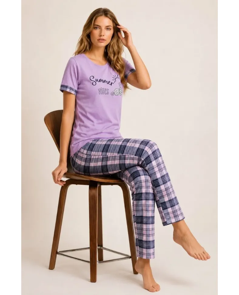 Kadın Pamuklu Penye Summer Baskılı Kısa Kollu Pijama Takımı Bisiklet Yaka Ekose Desenli - Lila