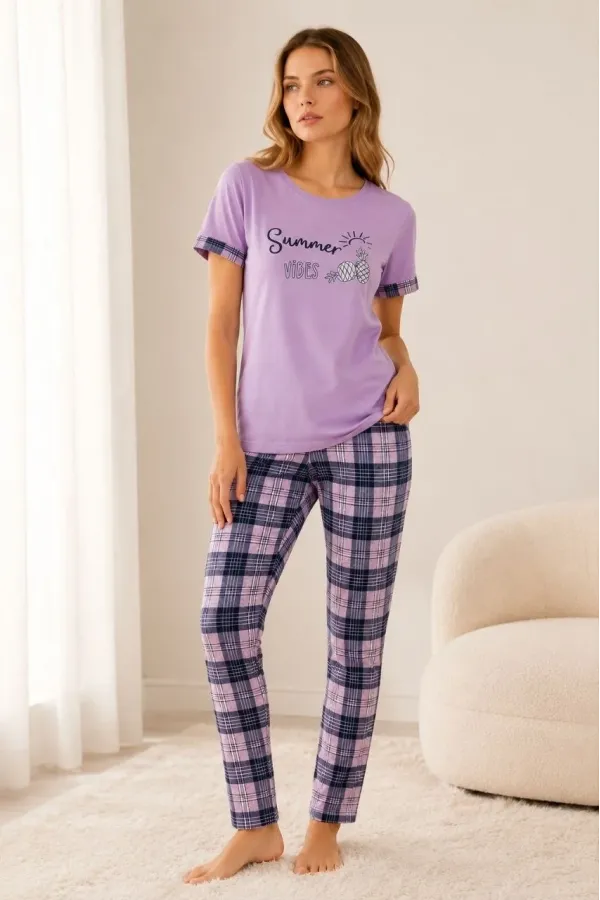 Kadın Pamuklu Penye Summer Baskılı Kısa Kollu Pijama Takımı Bisiklet Yaka Ekose Desenli - Lila