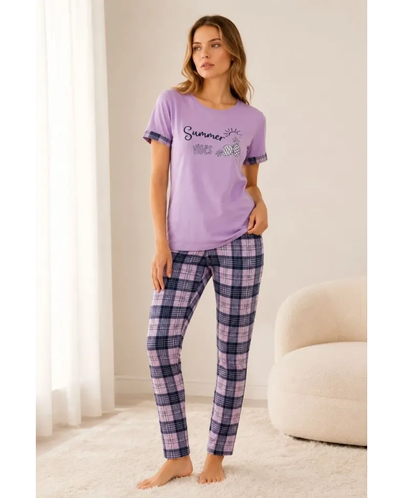 Kadın Pamuklu Penye Summer Baskılı Kısa Kollu Pijama Takımı Bisiklet Yaka Ekose Desenli - Lila