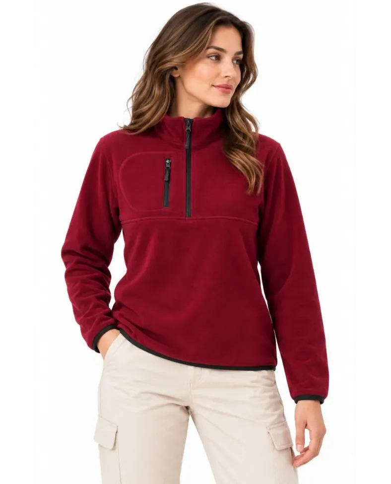 Kadın Polar Dik Yaka Yarım Fermuarlı Fermuarlı Göğüs Cepli Regular Fit Kışlık Sweatshirt - Bordo