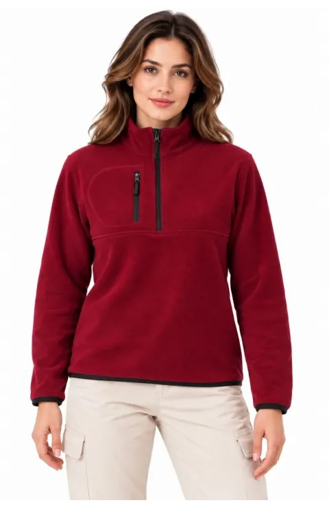 Kadın Polar Dik Yaka Yarım Fermuarlı Fermuarlı Göğüs Cepli Regular Fit Kışlık Sweatshirt - Bordo