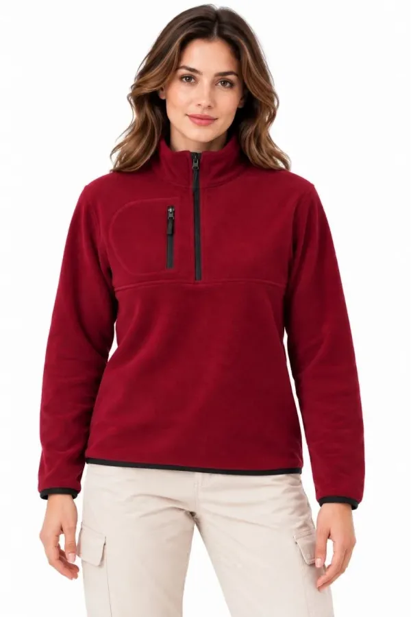 Kadın Polar Dik Yaka Yarım Fermuarlı Fermuarlı Göğüs Cepli Regular Fit Kışlık Sweatshirt - Bordo