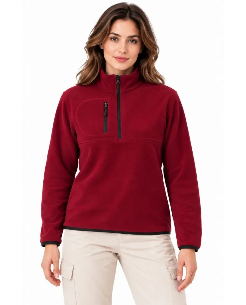 Kadın Polar Dik Yaka Yarım Fermuarlı Fermuarlı Göğüs Cepli Regular Fit Kışlık Sweatshirt - Bordo