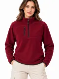 Kadın Polar Dik Yaka Yarım Fermuarlı Fermuarlı Göğüs Cepli Regular Fit Kışlık Sweatshirt - Bordo