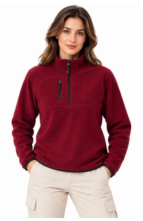 Kadın Polar Dik Yaka Yarım Fermuarlı Fermuarlı Göğüs Cepli Regular Fit Kışlık Sweatshirt - Bordo