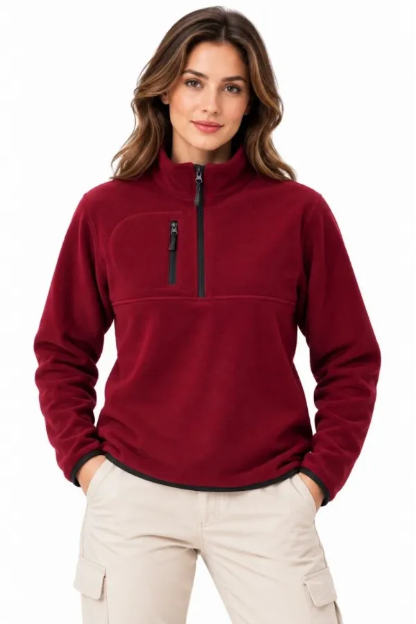 Kadın Polar Dik Yaka Yarım Fermuarlı Fermuarlı Göğüs Cepli Regular Fit Kışlık Sweatshirt - Bordo