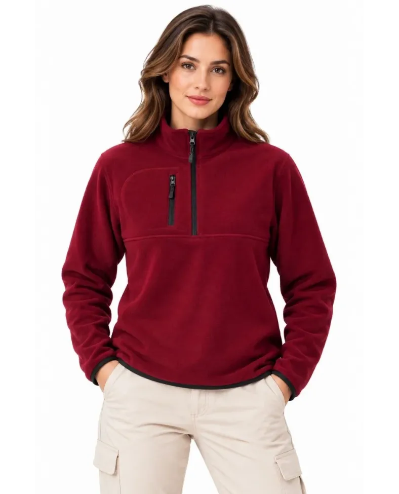 Kadın Polar Dik Yaka Yarım Fermuarlı Fermuarlı Göğüs Cepli Regular Fit Kışlık Sweatshirt - Bordo