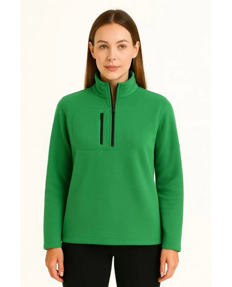 Kadın Polar Kazak Dik Yaka Yarım Fermuarlı Fermuarlı Göğüs Cepli Siyah Biyeli - Yeşil