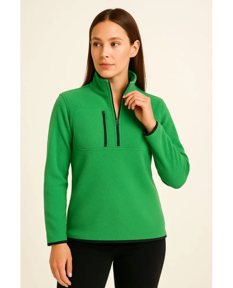 Kadın Polar Kazak Dik Yaka Yarım Fermuarlı Fermuarlı Göğüs Cepli Siyah Biyeli - Yeşil