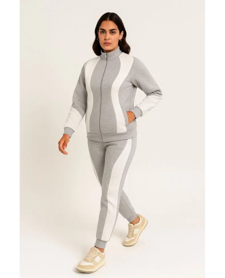 Kadın Premium Parçalı Eşofman Takım - Dik Yaka Fermuarlı Sweatshirt - Gri
