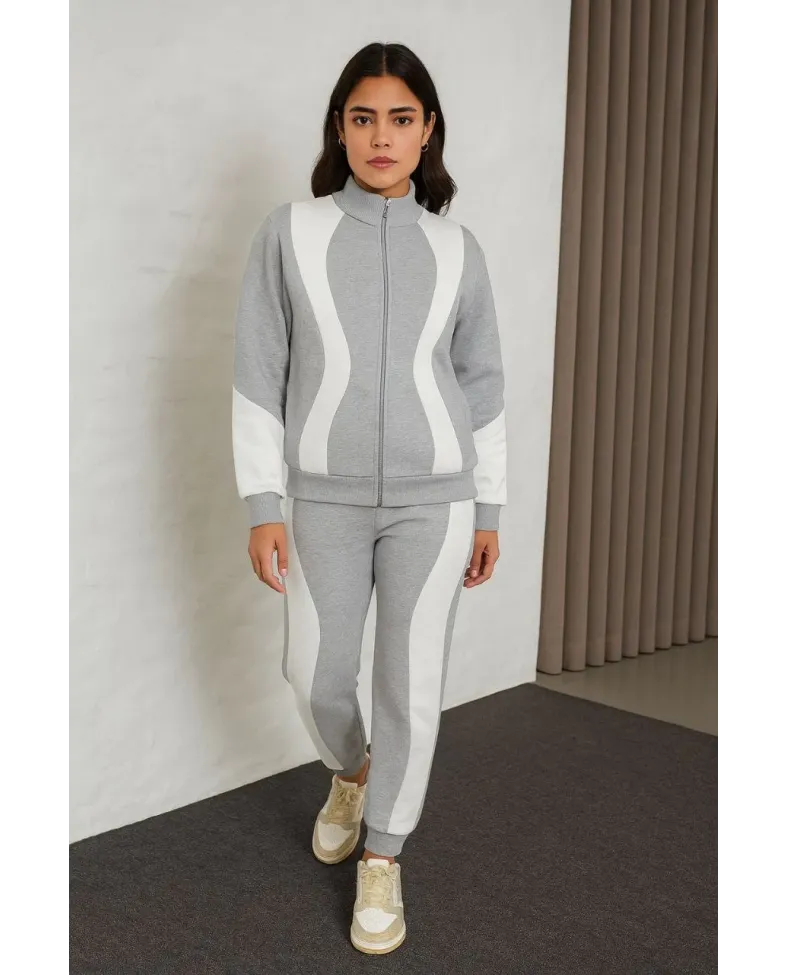 Kadın Premium Parçalı Eşofman Takım - Dik Yaka Fermuarlı Sweatshirt - Gri