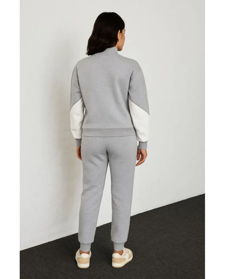 Kadın Premium Parçalı Eşofman Takım - Dik Yaka Fermuarlı Sweatshirt - Gri