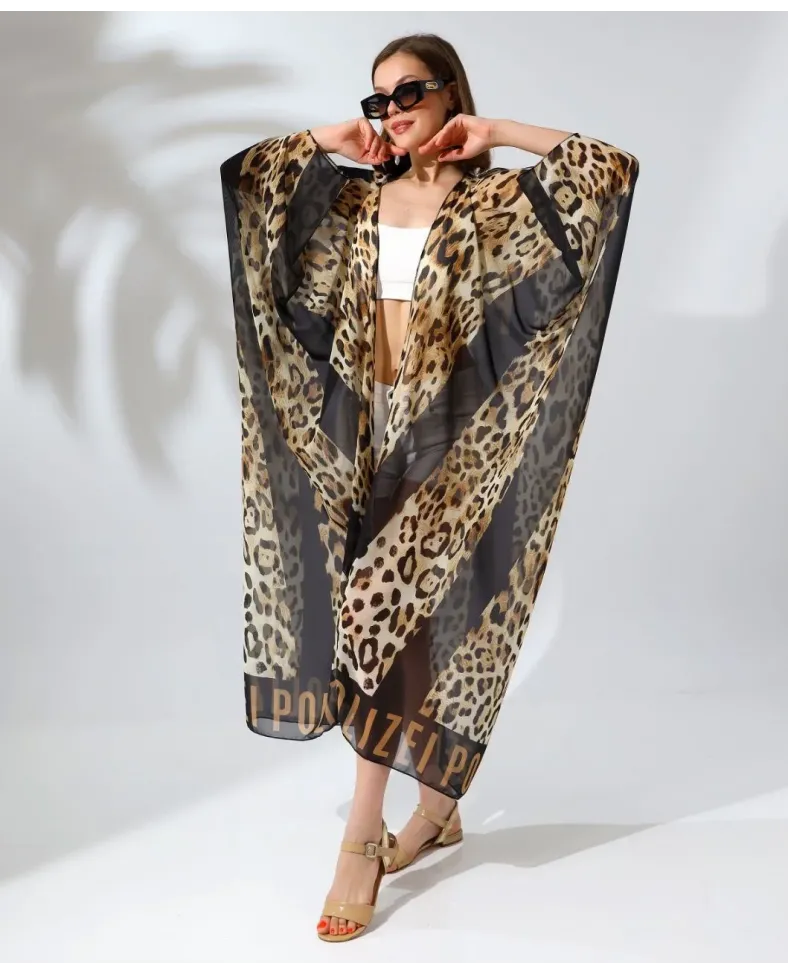 Kadın Rahat Kesim Şifon Kimono - Leopar