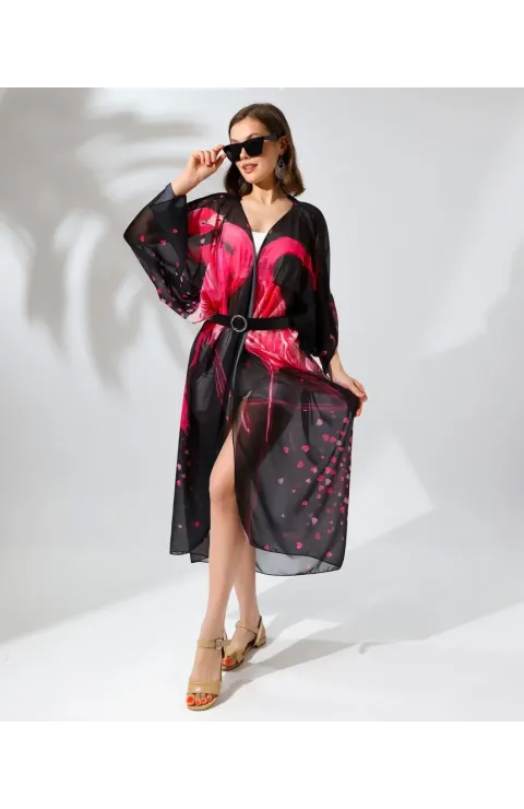 Kadın Rahat Kesim Şifon Kimono - Siyah