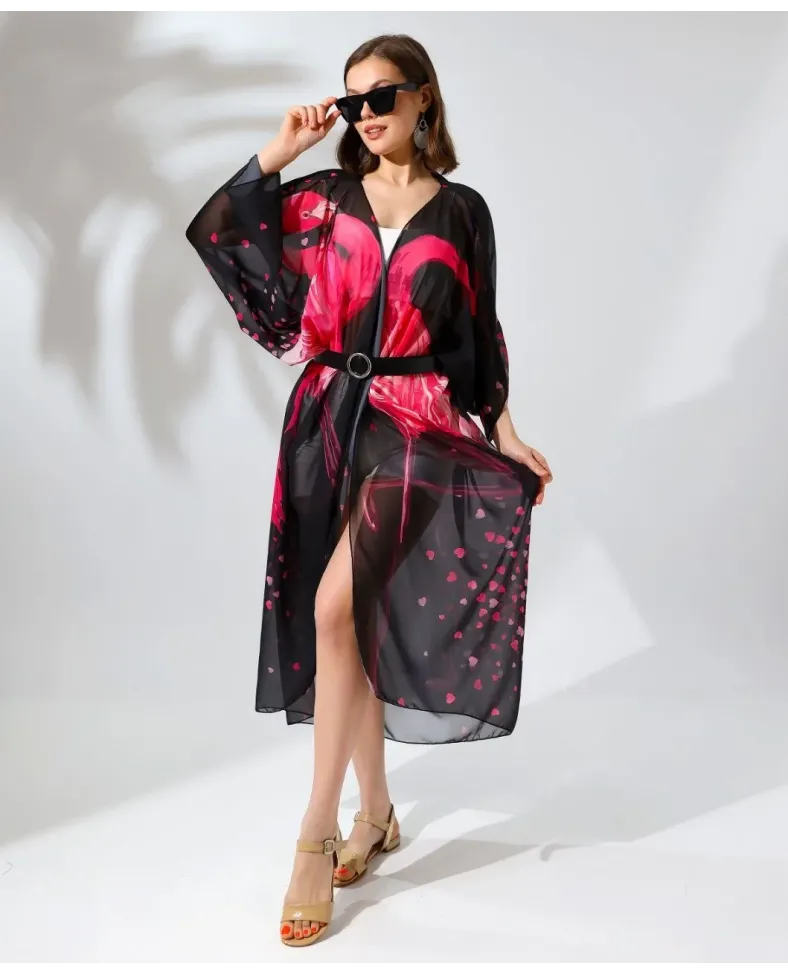 Kadın Rahat Kesim Şifon Kimono - Siyah