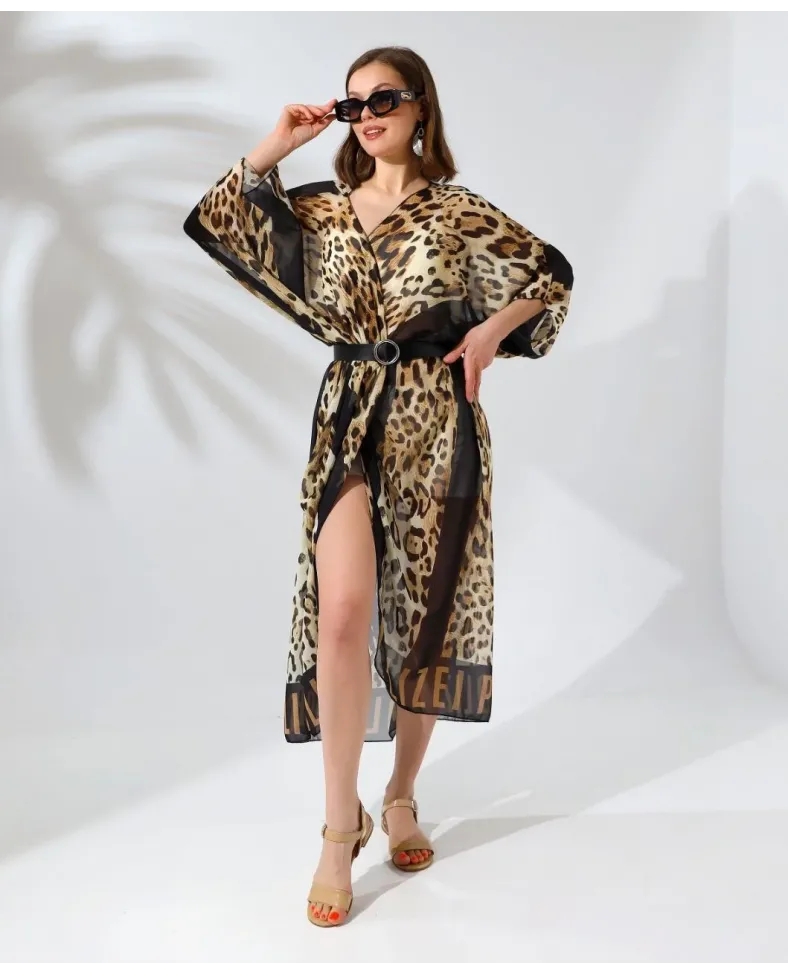 Kadın Rahat Kesim Şifon Kimono - Leopar