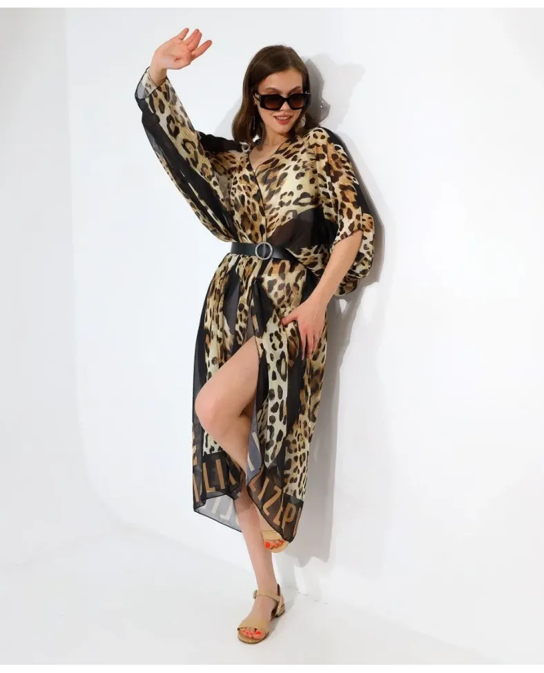 Kadın Rahat Kesim Şifon Kimono - Leopar