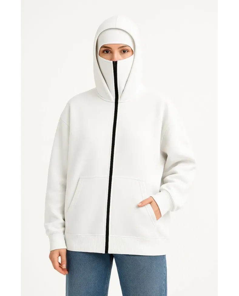 Kadın Samuray Ninja Çift Kapüşonlu Maske Detaylı Fermuarlı Kanguru Cepli Hoodie - Beyaz