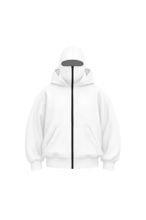 Kadın Samuray Ninja Çift Kapüşonlu Maske Detaylı Fermuarlı Kanguru Cepli Hoodie - Beyaz