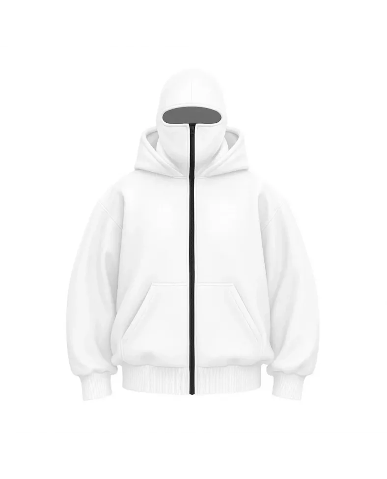 Kadın Samuray Ninja Çift Kapüşonlu Maske Detaylı Fermuarlı Kanguru Cepli Hoodie - Beyaz