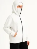 Kadın Samuray Ninja Çift Kapüşonlu Maske Detaylı Fermuarlı Kanguru Cepli Hoodie - Beyaz