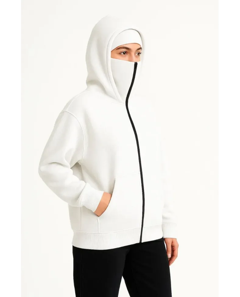 Kadın Samuray Ninja Çift Kapüşonlu Maske Detaylı Fermuarlı Kanguru Cepli Hoodie - Beyaz