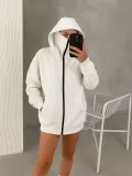 Kadın Samuray Ninja Çift Kapüşonlu Maske Detaylı Fermuarlı Kanguru Cepli Hoodie - Beyaz
