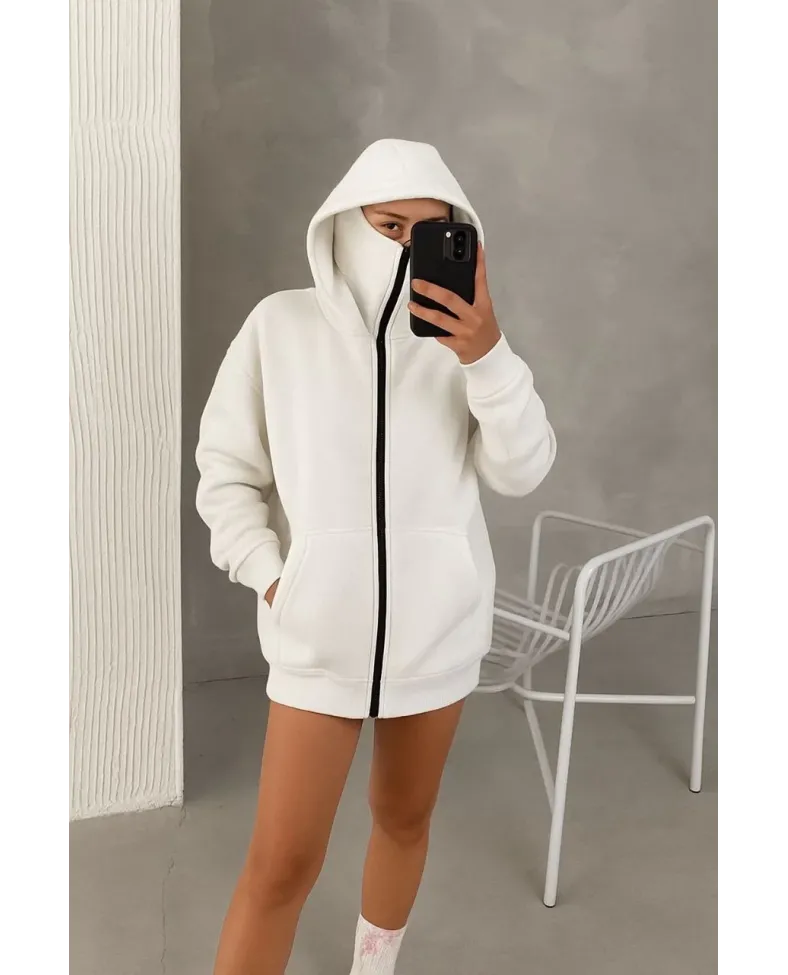 Kadın Samuray Ninja Çift Kapüşonlu Maske Detaylı Fermuarlı Kanguru Cepli Hoodie - Beyaz