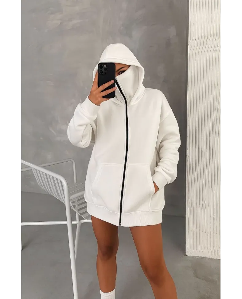 Kadın Samuray Ninja Çift Kapüşonlu Maske Detaylı Fermuarlı Kanguru Cepli Hoodie - Beyaz