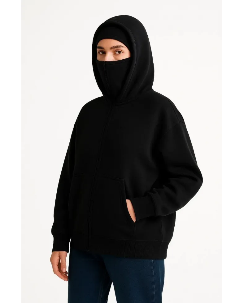 Kadın Samuray Ninja Çift Kapüşonlu Maske Detaylı 3 İplik Hoodie - Siyah Somersan Giyim | Kadın, Erkek ve Çocuk Moda