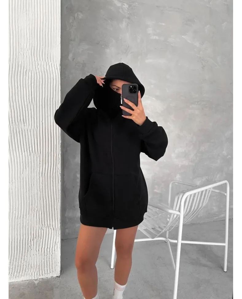 Kadın Samuray Ninja Çift Kapüşonlu Maske Detaylı 3 İplik Hoodie - Siyah Somersan Giyim | Kadın, Erkek ve Çocuk Moda