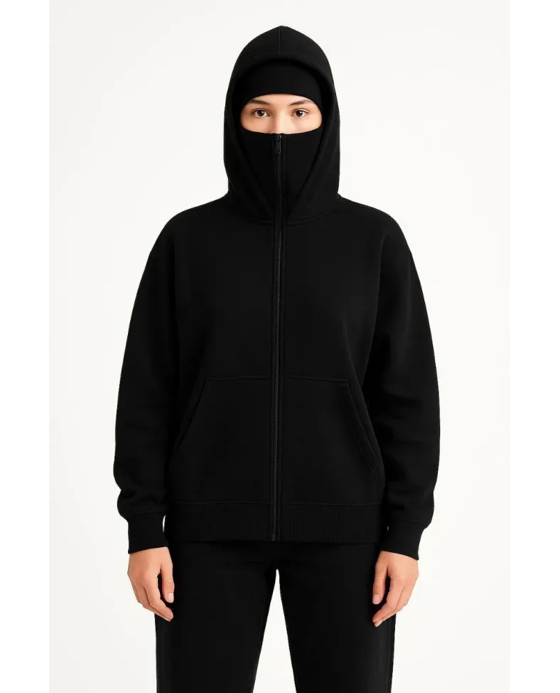 Kadın Samuray Ninja Çift Kapüşonlu Maske Detaylı 3 İplik Hoodie - Siyah Somersan Giyim | Kadın, Erkek ve Çocuk Moda