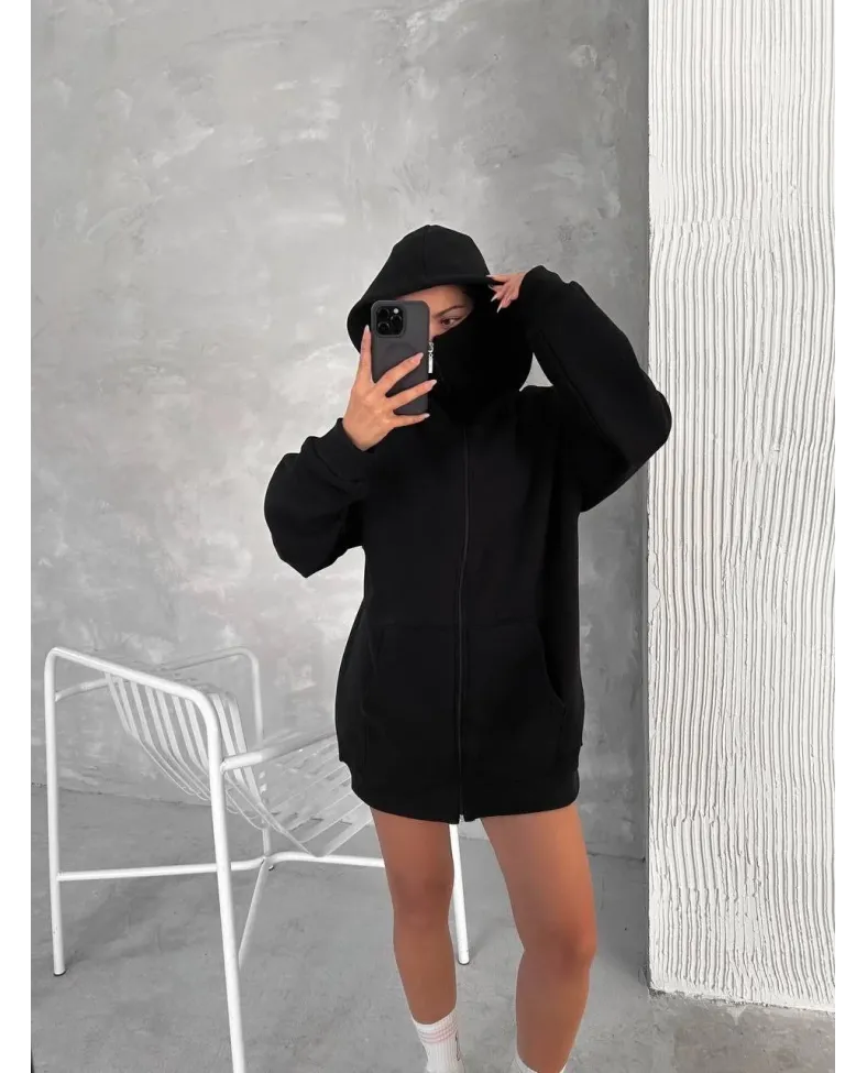 Kadın Samuray Ninja Çift Kapüşonlu Maske Detaylı 3 İplik Hoodie - Siyah Somersan Giyim | Kadın, Erkek ve Çocuk Moda