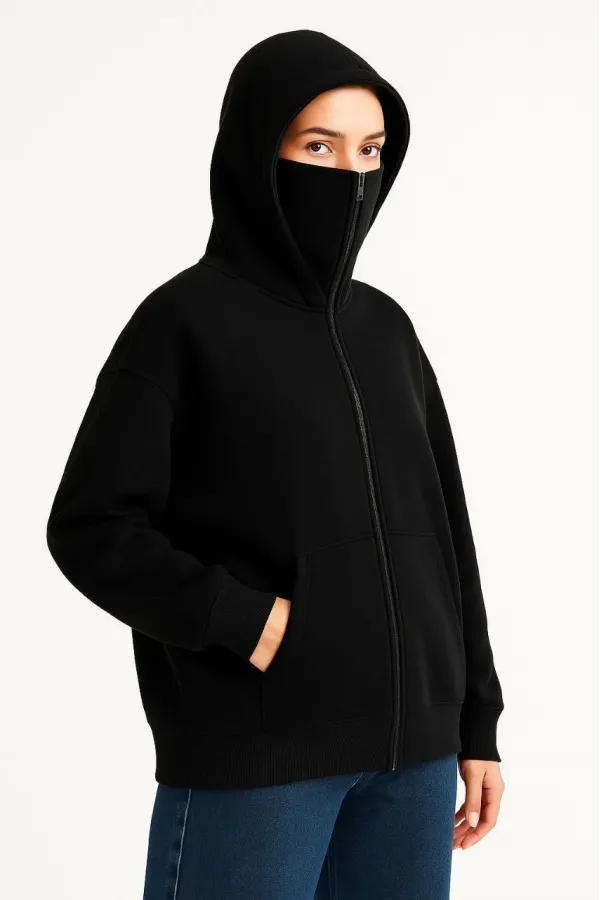 Kadın Samuray Ninja Çift Kapüşonlu Maske Detaylı 3 İplik Hoodie - Siyah