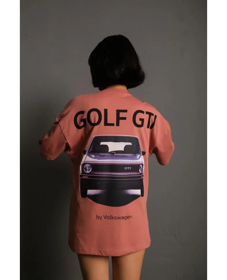 Kadın Oversize Baskılı Tişört Golf GTI Retro Araba Desenli Ön Arka Dijital - Gül Kurusu