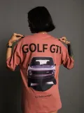 Kadın Oversize Baskılı Tişört Golf GTI Retro Araba Desenli Ön Arka Dijital - Gül Kurusu